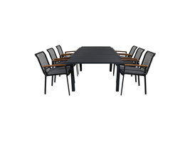 Marbella tuinmeubelset tafel 100x160/240cm en 6 stoel Dallas zwart, naturel.