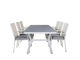 Virya tuinmeubelset tafel 100x200cm en 6 stoel Anna wit, grijs.