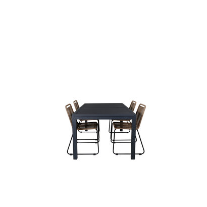 Marbella tuinmeubelset tafel 100x160/240cm en 4 stoel stapelL Lindos zwart.