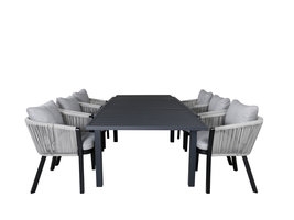 Marbella tuinmeubelset tafel 100x160/240cm en 6 stoel Virya wit, zwart.