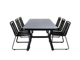 Virya tuinmeubelset tafel 100x200cm en 6 stoel stapel Lindos zwart, grijs.