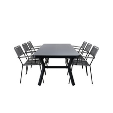 Virya tuinmeubelset tafel 100x200cm en 6 stoel armleuningG Lindos zwart, grijs.