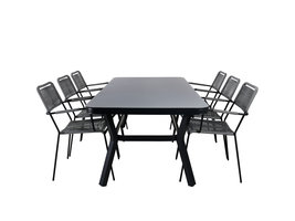 Virya tuinmeubelset tafel 100x200cm en 6 stoel armleuningG Lindos zwart, grijs.