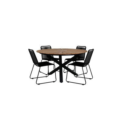 Mexico tuinmeubelset tafel Ã˜140cm en 4 stoel stapelS Lindos zwart, naturel.