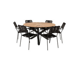 Mexico tuinmeubelset tafel Ø140cm en 6 stoel armleuning Lindos zwart, naturel.