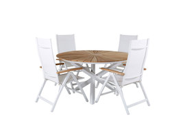 Mexico tuinmeubelset tafel Ø140cm en 4 stoel Panama wit, naturel.