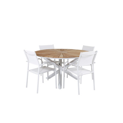 Mexico tuinmeubelset tafel Ø140cm en 4 stoel Santorini wit, naturel.