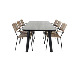 Paola tuinmeubelset tafel 100x200cm en 6 stoel armleuningL Lindos zwart, naturel.