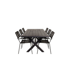 Rives tuinmeubelset tafel 100x200cm en 6 stoel armleuningS Lindos zwart.