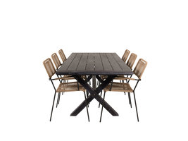 Rives tuinmeubelset tafel 100x200cm en 6 stoel armleuningL Lindos zwart.