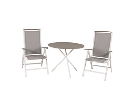 Parma tuinmeubelset tafel Ø90cm en 2 stoel 5pos Albany wit, grijs, crèmekleur.