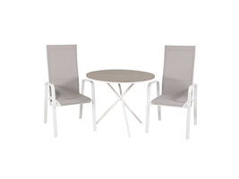 Parma tuinmeubelset tafel Ø90cm en 2 stoel Copacabana wit, grijs, crèmekleur.