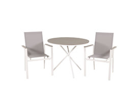 Parma tuinmeubelset tafel Ø90cm en 2 stoel Parma wit, grijs, crèmekleur.