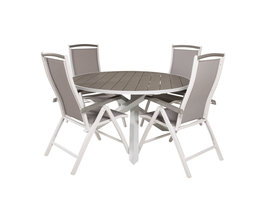 Parma tuinmeubelset tafel Ø140cm en 4 stoel 5pos Albany wit, grijs.