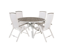 Parma tuinmeubelset tafel Ø140cm en 4 stoel 5posalu Albany wit, grijs.