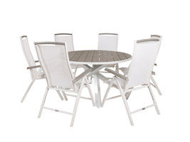 Parma tuinmeubelset tafel Ø140cm en 6 stoel 5pos Albany wit, grijs.