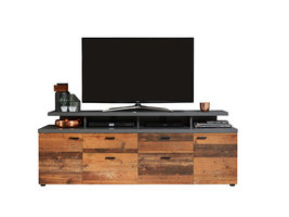 Mood TV-meubel 2 deuren, 2 laden, 4 open vakken, 2 kleppen eiken decor, oud houten decor.