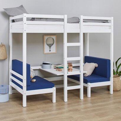 BasicJumbo hoogslaper met blauwe bank, bureau en incl. lattenbodems.