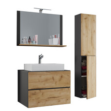LendasL badkamer 60 cm, spiegel, antraciet, honing eiken decor.