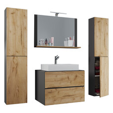 LendasXL badkamer 80 cm, spiegel, antraciet, honing eiken decor.