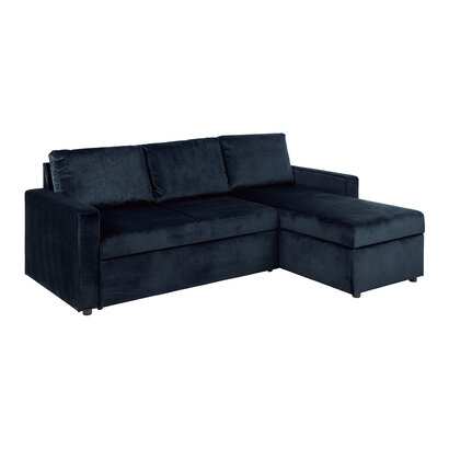 ebuy24 Sacramento slaapbank chaise longue omkeerbaar, verborgen opslag en uitschuifbaar bed donkerblauw.