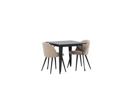 ebuy24 Tempe eethoek tafel zwart en 2 Velvet stoelen beige.