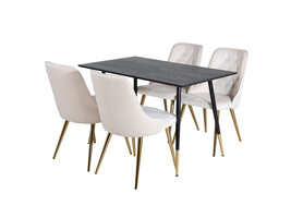 ebuy24 Dipp120x85BLBR eethoek eetkamertafel zwart en 4 Velvet Deluxe eetkamerstal velours beige, messing decor.