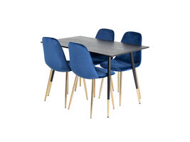 ebuy24 Dipp120x85BLBR eethoek eetkamertafel zwart en 4 Polar eetkamerstal velours blauw, messing decor.