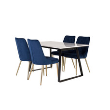 ebuy24 Estelle eethoek eetkamertafel marmer wit en 4 Velvet Deluxe eetkamerstal velours blauw, messing decor.