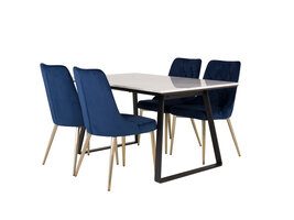 ebuy24 Estelle eethoek eetkamertafel marmer wit en 4 Velvet Deluxe eetkamerstal velours blauw, messing decor.