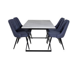 ebuy24 Estelle eethoek eetkamertafel marmer wit en 4 Velvet Deluxe eetkamerstal blauw, zwart.