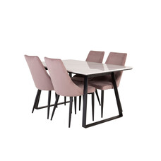 ebuy24 Estelle eethoek eetkamertafel marmer wit en 4 Leone eetkamerstal fluweel roze, zwart.