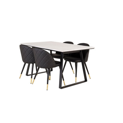 ebuy24 Estelle eethoek eetkamertafel marmer wit en 4 Velvet eetkamerstal PU kunstleer zwart.