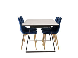 ebuy24 Estelle eethoek eetkamertafel marmer wit en 4 Polar eetkamerstal velours blauw, messing decor.