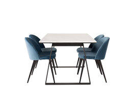 ebuy24 Estelle eethoek eetkamertafel marmer wit en 4 Velvet eetkamerstal velours blauw, zwart.