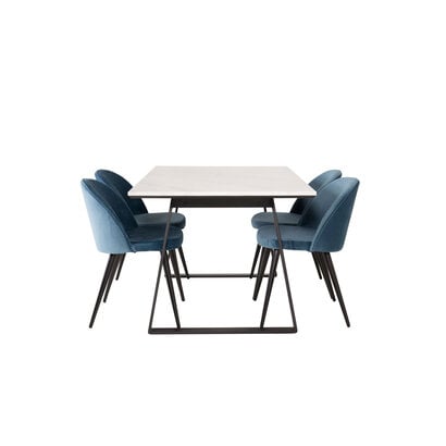 ebuy24 Estelle eethoek eetkamertafel marmer wit en 4 Velvet eetkamerstal velours blauw, zwart.