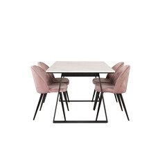 ebuy24 Estelle eethoek eetkamertafel marmer wit en 4 Velvet eetkamerstal velours roze, zwart.