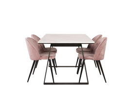 ebuy24 Estelle eethoek eetkamertafel marmer wit en 4 Velvet eetkamerstal velours roze, zwart.