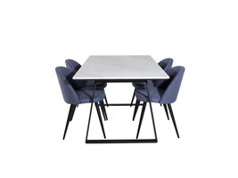 ebuy24 Estelle eethoek eetkamertafel marmer wit en 4 Velvet eetkamerstal blauw.