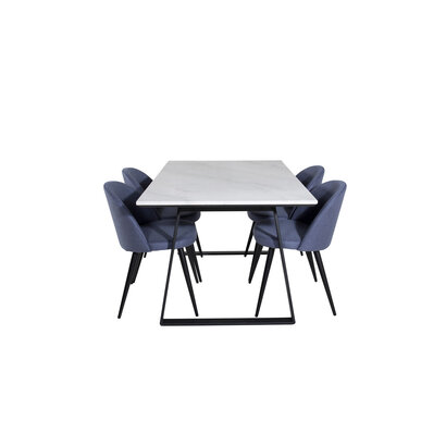 ebuy24 Estelle eethoek eetkamertafel marmer wit en 4 Velvet eetkamerstal blauw.