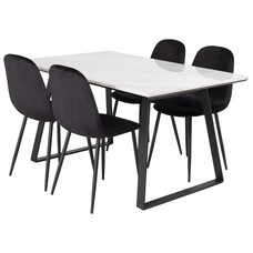 ebuy24 Estelle eethoek eetkamertafel marmer wit en 4 Polar eetkamerstal velours zwart.