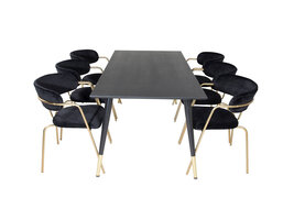 ebuy24 Dipp180x90BLBR eethoek eetkamertafel zwart en 6 Arrow eetkamerstal velours zwart.