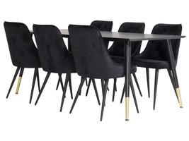 ebuy24 Dipp180x90BLBR eethoek eetkamertafel zwart en 6 Velvet Deluxe eetkamerstal velours zwart.