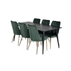 ebuy24 Dipp180x90BLBL eethoek eetkamertafel zwart en 6 Velvet Deluxe eetkamerstal velours groente, messing decor.