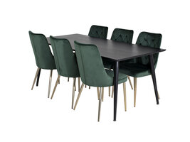 ebuy24 Dipp180x90BLBL eethoek eetkamertafel zwart en 6 Velvet Deluxe eetkamerstal velours groente, messing decor.