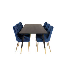 ebuy24 Dipp180x90BLBR eethoek eetkamertafel zwart en 6 Velvet Deluxe eetkamerstal velours blauw, messing decor.