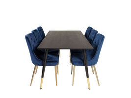 ebuy24 Dipp180x90BLBR eethoek eetkamertafel zwart en 6 Velvet Deluxe eetkamerstal velours blauw, messing decor.