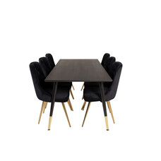 ebuy24 Dipp180x90BLBR eethoek eetkamertafel zwart en 6 Velvet Deluxe eetkamerstal velours zwart, messing decor.