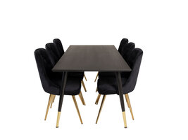 ebuy24 Dipp180x90BLBR eethoek eetkamertafel zwart en 6 Velvet Deluxe eetkamerstal velours zwart, messing decor.