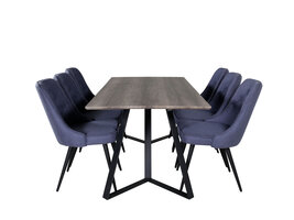 ebuy24 MarinaGRBL eethoek eetkamertafel el hout decor grijs en 6 Velvet Deluxe eetkamerstal blauw, zwart.